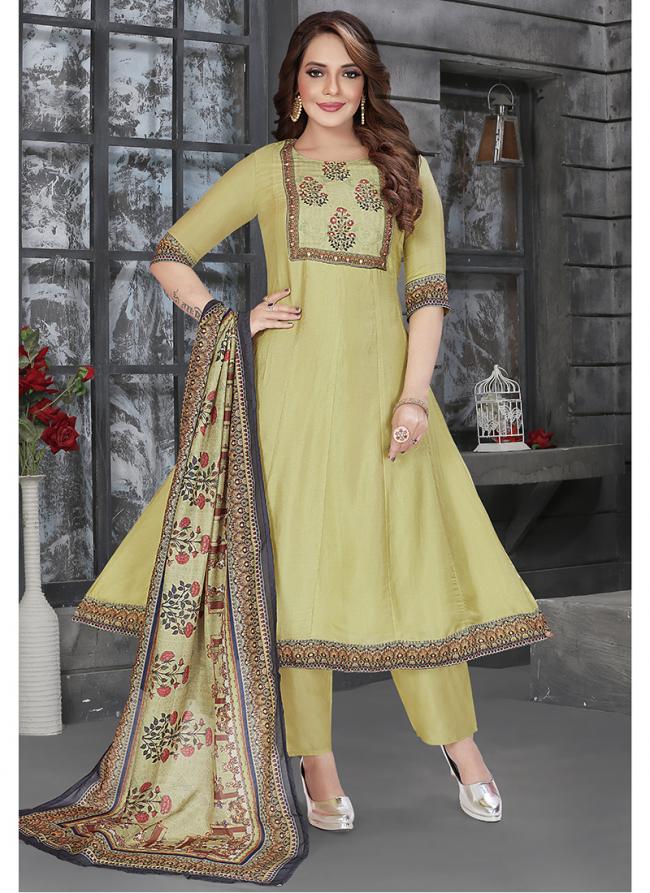 Russian Silk  Light Green Festival Wear Embroidery Work Readymade Anarkali Suit